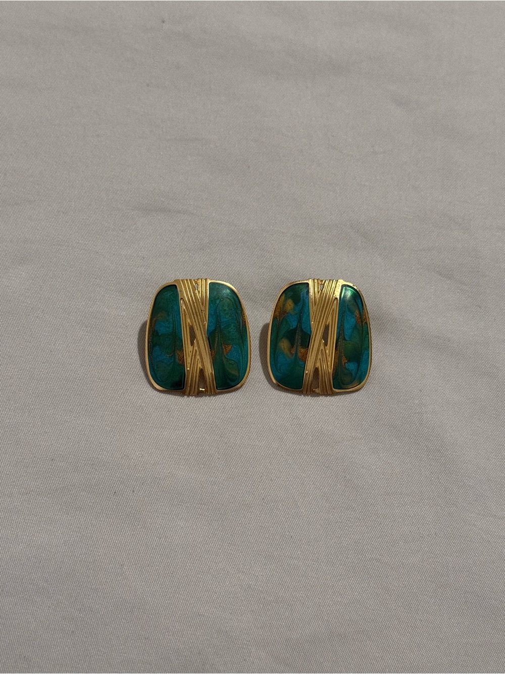 Vintage Edgar Berebi Teal Enamel Gold Tone Statement Post Earrings 80s